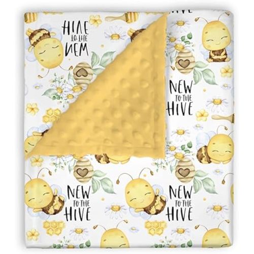 Mink Baby Girls Blankets Honey Bumble Bee Floral, New to Hive Daisy Flower Soft Double Layer Dotted Backing Receiving Swaddle, Newborn Infant Toddler Nursery Crib Bedding Shower Gift 30” x 40”