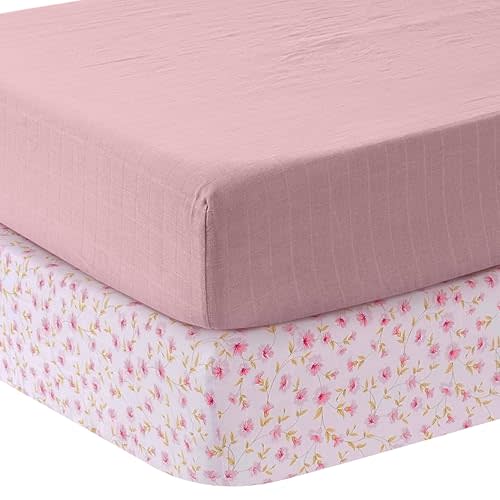 MOZAH Organic Muslin Crib Sheets, Soft and Breathable Bedding for Baby Girls or Boys, Snug Fitted Sheet for Standard Cribs & Toddler Mattresses, 2 Pack, Pink and Pink Leaves