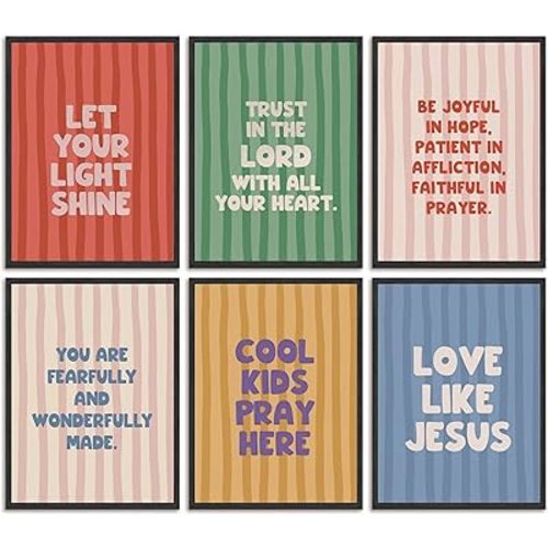 6pcs Children'S Bible Verse Canvas Wall Art Boho Bible Inspirational Quote Posters Prints Paintings Christian Education Wall Decor Pictures for Nursery Kids Bedroom Classroom Home Decoration Unframed
