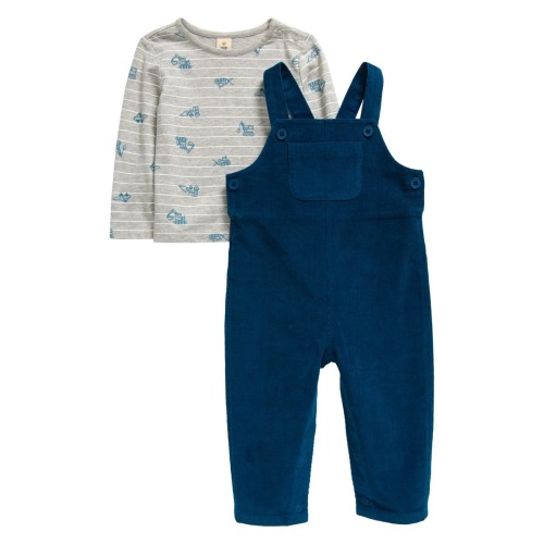 Print Long Sleeve Cotton T-Shirt & Corduroy Overalls Set