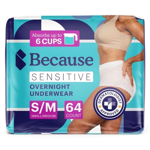 Because Adult Incontinence Underwear for Sensitive Skin - Women - Premium Overnight Disposable Briefs, Anti Odor - White, Small/Medium - Absorbs 6 Cups - 64 Count (4 Packs of 16)