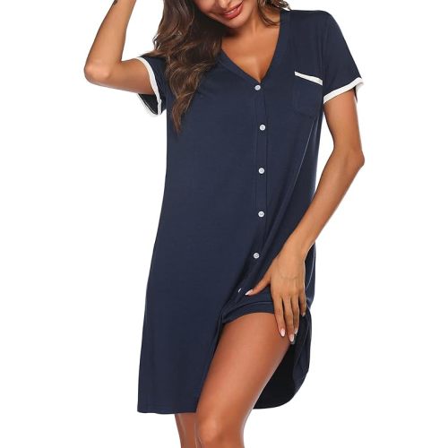 Ekouaer Nightgowns for Women Button Down Pajamas Tops Short Sleeve Sleepwear V-Neck Sleepwear S-3XL