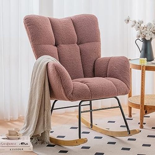 NIOIIKIT Nursery Rocking Chair Teddy Upholstered Glider Rocker Rocking Accent Chair Padded Seat with High Backrest Armchair Comfy Side Chair for Living Room Bedroom Offices (Red Teddy)