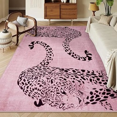 OJIA Leopard Print 8x10 Rugs for Living Room, Soft Pink Bedroom Rug Washable Area Rugs 8x10, Ultra-Thin Modern Dining Room Rug Stain Resistant Floor Carpet for Playroom Kids Room Nursery Office