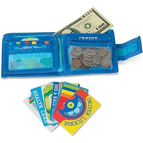 Melissa & Doug Pretend-to-Spend Toy Wallet With Play Money and Cards (45 pcs), Blue - FSC Certified