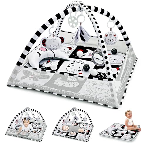 Baby Play Mat 8-in-1, Play Mat for Babies 0-6 Months Tummy Time Mat with Sensory Toys and Pillow Baby Play Gym Activity Mat for Newborn Infant Baby Play Mat High Contrast