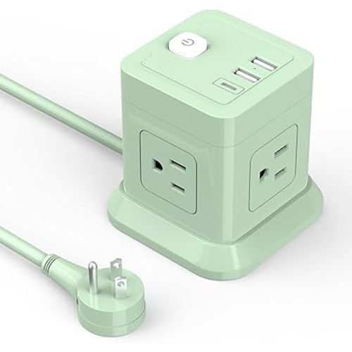 Cube Power Strip, FDTEK 4 Widely Spaced Outlet with 3 USB (1 USB C) Flat Plug Power Strips with Long Extension Cords Space Save Compact Portable for Travel Home Office Cruise (Green)