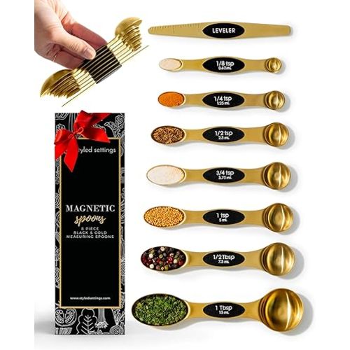 Magnetic Measuring Spoons Set – Stainless Steel Gold Measuring Spoons for Cooking and Baking – Cute and Durable Gold Kitchen Accessories - Great for Gifting