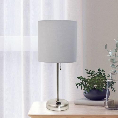 Creekwood Home Oslo 19.5" Power Outlet Base Metal Table Desk Lamp in Brushed Steel with Feit LED (Includes LED Light Bulb) Gray