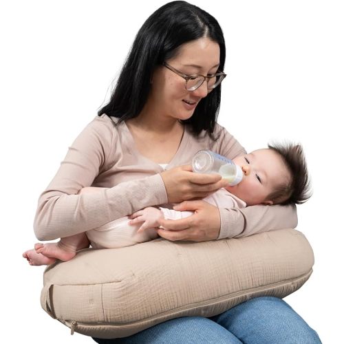 Boppy Nursing Pillow Luxe - Ergonomic Bottle & Breastfeeding Pillow with High Lift & Firm Support - Water-Resistant with Washable Cotton Muslin Cover - Baby Safety Alliance Verified - Oatmeal