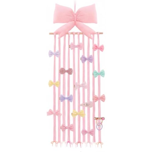 Long Bow Holder for Girls Baby Pink Bow Hair Bows Clip Organizer 31.5 Inch Baby Hair Accessories Storage Display Hanging Decor for Girls Nursery Room Bedroom Living Room