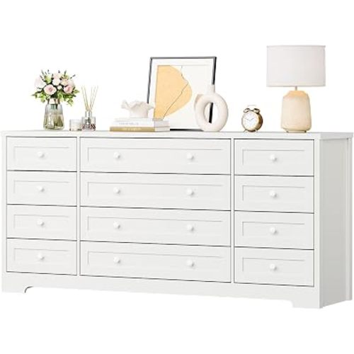 Garvee Wooden Dresser for Bedroom & TV Stand for 75 Inch TV - 12 Drawer Modern Chest of Drawers for Living Room, Hallway, Entryway, Wide Solid Wood Dresser