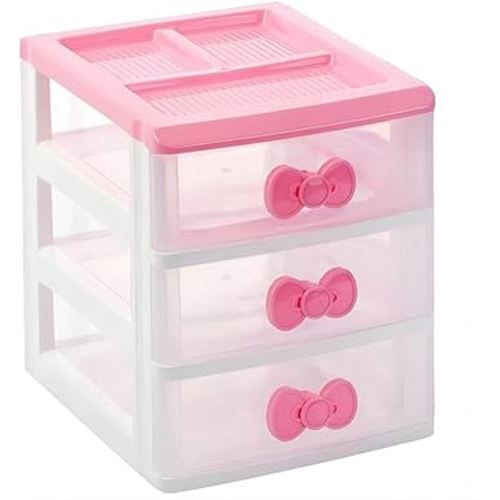 Cute Drawer Organizer,Kawaii Hello Kitty Pink Bowknot Makeup Organizer,3-Drawer Mini Desktop Organizer,Clear Plastic Desk Storage Box,Bathroom,vanity,Gift for Girls Women kid Teen (pink)