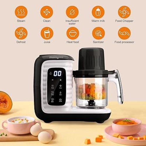 MOMYEASY Baby Food Maker, Multifunction Processor Chopper Grinder, Baby Food Steamer and Puree Blender in-One, with Bottle Warmer, Auto Cooking & Grinding with Touch Control Panel&Self Cleans (Black)