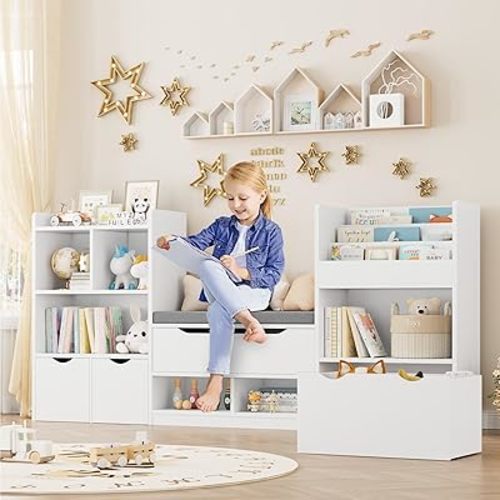 FOTOSOK 72” Kids Bookshelf with Reading Nook, Large Toy Storage Organizer with Seat Cushion and 3 Movable Drawers, Kids Reading Nook Toy Organizers and Storage with Bench for Living Room, White