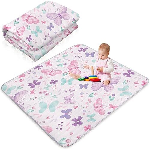 Funtery 43 x 43 Inch Boho Rainbow Baby Play Mat Portable Crawling Washable Foldable Tummy Time Non Slip Baby Floor Large Playpen Mat for Infants Toddlers Floor Playpen Activity(Butterfly)