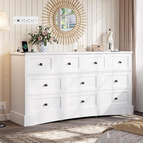 Hasuit White Dresser for Bedroom with 9 Drawers, 51.2" Large Drawer Dressers with Charging Station, Wide Farmhouse Dressers Chest of Drawers, Wooden Storage Tower Organizer, Dresser for Bedroom Closet