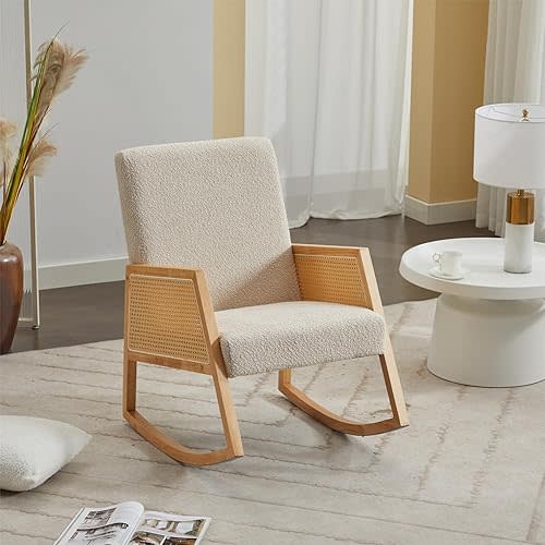 Rocking Chair, Teddy Fabric Upholstered Accent Rocking Chair with Solid Wooden Frame & Breathable Armrest for Living Room Beige