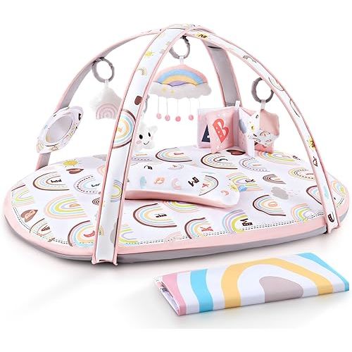 Baby Play Gym Mat, ZILLYBEE Activity Gym & Plat Mat for Child Baby Girls, 7 in 1 Tummy Time Stage-Based Mat for Infant Sensory & Motor Skills Development