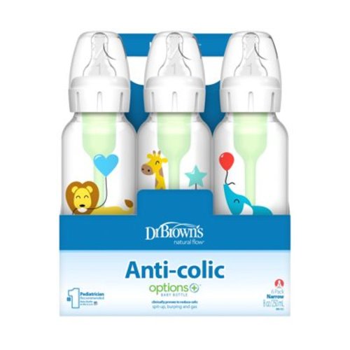 Dr. Brown's Natural Flow Anti-Colic Options+ Narrow Baby Bottle, Animal Balloon, 8oz, 0m+, 6 Pack