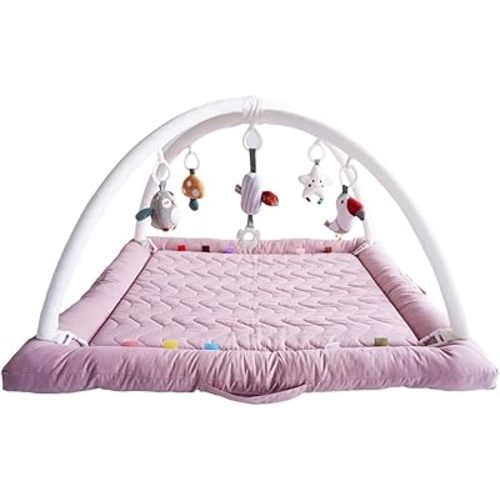 Play Gym with 5 Sensory Toys, Thick & Plush Playmat for Floor, Tummy Time Mat, Convertible Stage-Based Development from Baby to Toddler (Mistyrose)