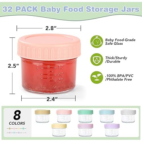 32-Pack Leakproof 4oz Glass Baby Food Jars With Lids - BPA Free, Freezer & Microwave Safe