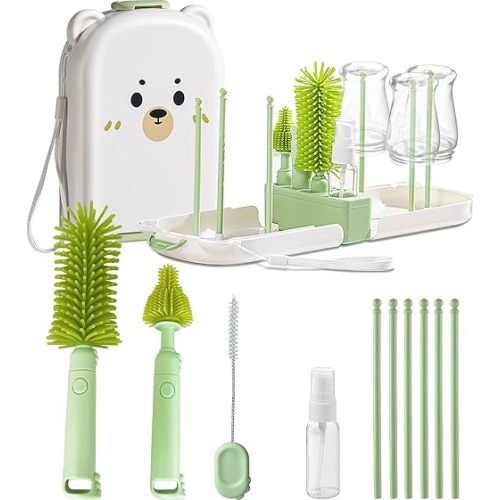 Travel Baby Bottle Cleaner Kit with Storage Case – 6-in-1 Compact Bottle Brush Set for Infant Feeding, Breast Pump Parts & On-The-Go Washing – Baby Travel Essentials for Flying (Green)