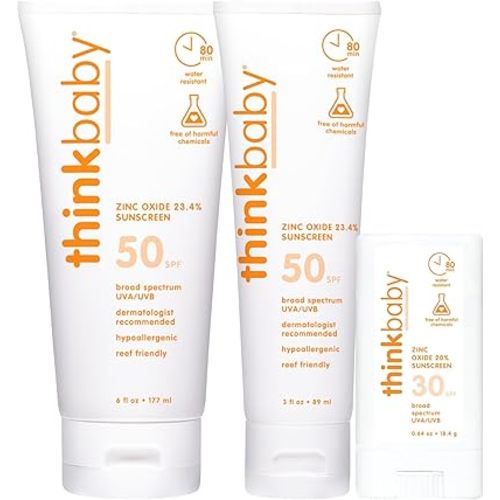 Thinkbaby SPF 50 + Baby Sunscreen 3 Oz + Thinkbaby SPF 50+ Baby Sunscreen 6 Oz + Thinkbaby SPF 30 Sunscreen Stick 0.64 Oz