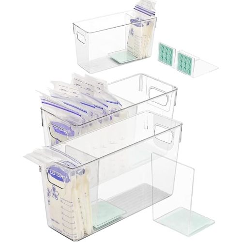 Breastmilk Storage Container with L Shaped Separator Boards, Dividers Will Flatten Standing Breast Milk Bags in Organizer Bins Save Refrigerator Space | 2 Containers Plus 4 Green Removable Dividers