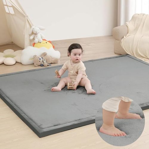 Huloo Sleep Ultra Soft Baby Play Mat for Floor, 1.3" Thick Elasti-Foam 65x50 Play Mat for Playpen,Water-Repellent Coral Velvet for Tummy Time, Non-Slip Backing,Safe for Toddlers & Infants（Dark Grey）