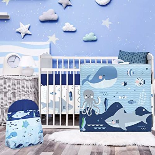 Rtteri 4 Pieces Baby Crib Bedding Set, Nursery Bedding Standard Size Soft Baby Bedding Set Including Crib Skirt, Blanket, Sheet and Diaper Stacker for Girls and Boys(Whale)