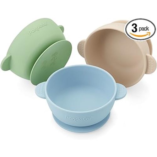 PandaEar 3 Pack Baby Bowls with Suction| Stay Put Silicone Food Bowl for Babies Kids Toddlers Infants| Food Grade Soft Safe BPA-Free Silicone (Multi-Color) - Multicolor