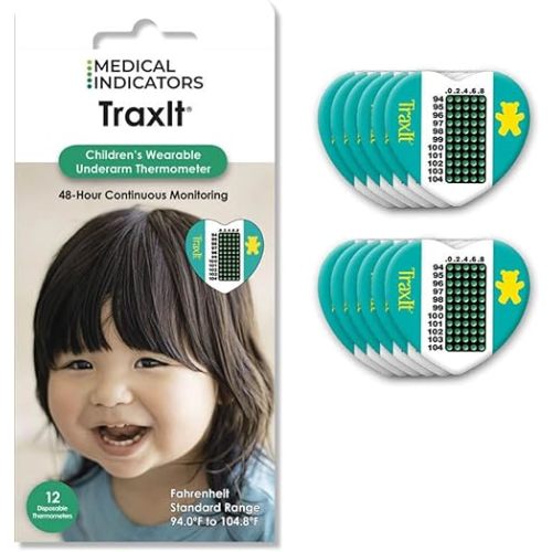 Smart Children’s Axillary Thermometer, Continuous Read, Single-Use Pediatric Thermometers for Kids, Babies, Toddlers, Infants, Accurate, Disposable Fever Temperature Strips, 12 Pack