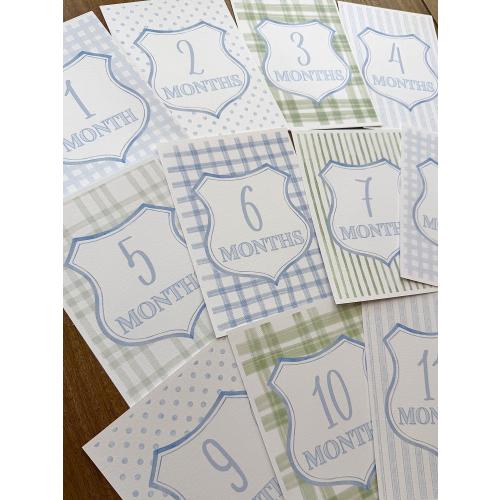 Baby Milestone Cards, Watercolor Gingham, Linen Texture Photo Props