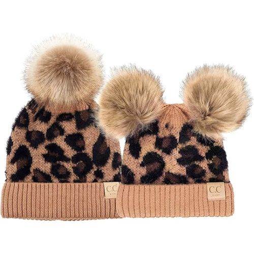 Funky Junque Mommy and Me Matching Pom Pom Beanies Set - Winter Hats for Women and Kids - Basketweave