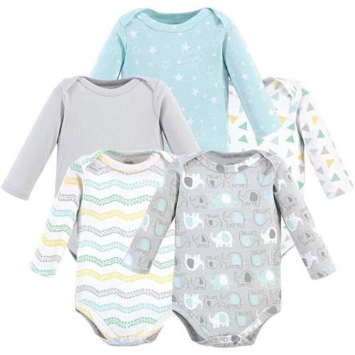 0-3 month. Luvable Friends Cotton Long-Sleeve Bodysuits 5pk, Unisex Basic Elephant. months
