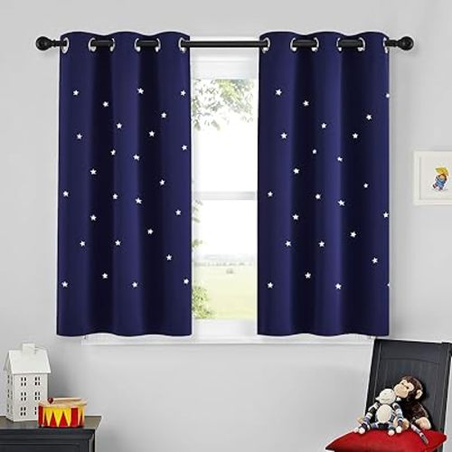 NICETOWN Navy Blue Nursery Blackout Star Curtain 45 inch Length for Kids Bedroom, Room Darkening Space Themed Window Curtain Grommets Galaxy Constellation Drapes for Baby Boys, 1 Panel, 34" W