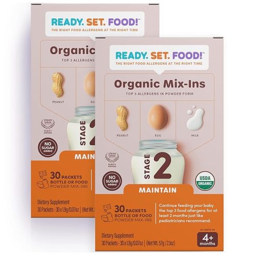 Ready, Set, Food! Stage 2 Mix-ins – Safe & Easy Early Allergen Introduction for Babies 4+ Months, Mix with a Bottle or Baby Food, with 3 Top Allergens: Organic Peanuts, Milk & Eggs (60 Days)