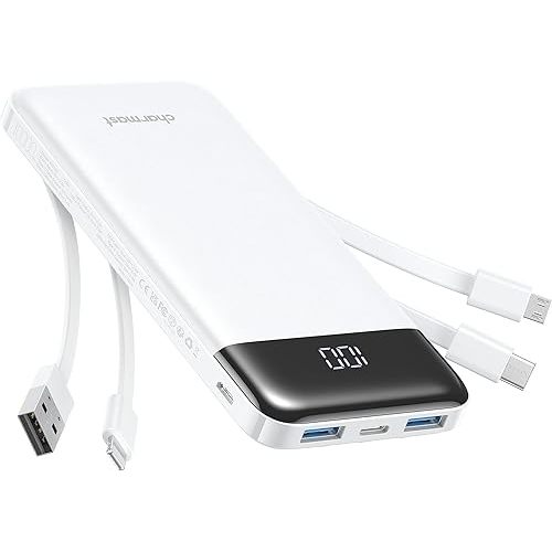 Charmast Portable Charger with Built in Cables, Power Bank with Cords Wires, Slim 10000mAh Travel Battery Pack 6 Outputs 3 Inputs 3A Fast Charging for Samsung Google Pixel LG Moto iPhone iPad