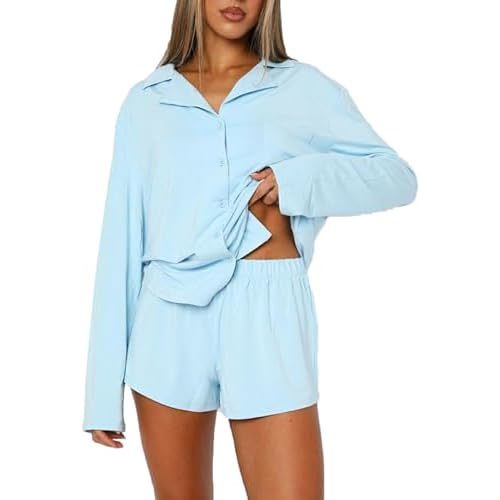 Women 2 Piece Pajamas Set Button up Long Sleeve Shirt and Shorts Lounge Set