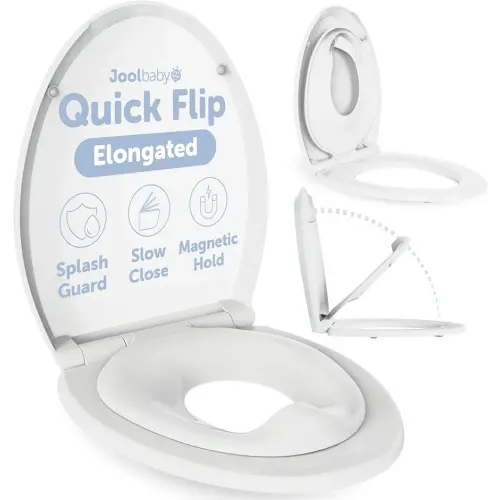 Quick Flip Elongated Toilet Seat with Built-In Potty & Splash Guard for Toddler Training, Slow Close - Jool Baby