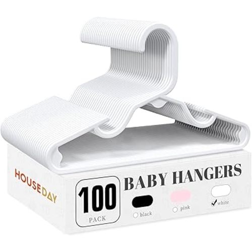 HOUSE DAY Baby Hangers 100 Pack - Durable Plastic Infant & Kids Clothes Hangers, Thin Compact Space-Saving Design for Nursery/Children's Closet, Toddler Small Hangers White (Infant/Baby/Toddler/Kids)