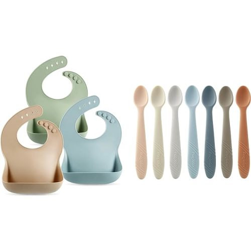 PandaEar Set of 3 Cute Silicone Bibs & 7 Pack Silicone Baby Feeding Spoons