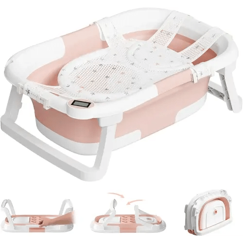 Collapsible Baby Bathtub,Baby Bath Tub with Soft Cushion & Thermometer,Baby Bathtub Newborn to Toddler 0-36 Months,Portable Travel Baby Tub