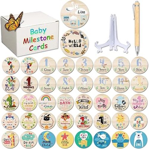 42 Designs Monthly Baby Milestone Cards,Wooden Milestone Discs Baby First Holiday Signs,Baby Monthly Milestone Photo Props for Newborn to Age 1,Pregnancy Baby Shower Cards (First Holiday Milestone)