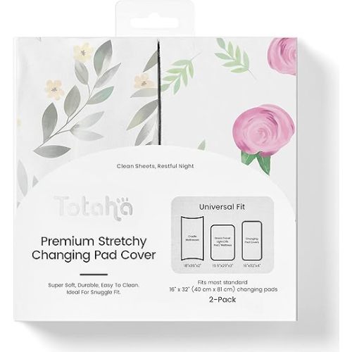 TotAha Premium Stretchy Changing Pad Covers (2-Pack)-Hypoallergenic, Silky Comfort, Buttery Soft, Calming Effect, All-Season Jersey-Knit 32'' X 16'' X 5'' Deep Pocket (Pink Buds & Green Leaves)