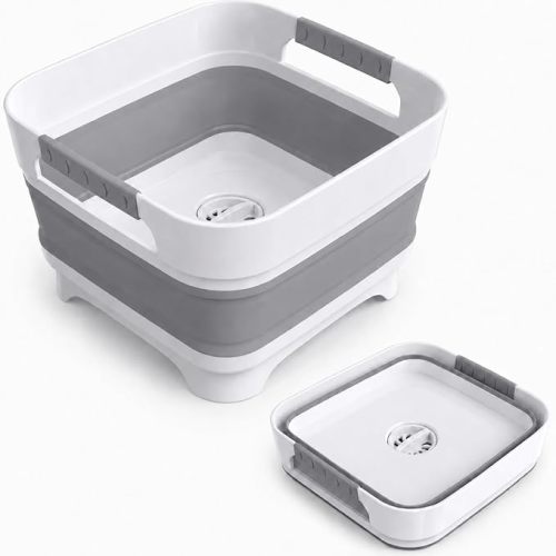 Collapsible Dish Basin with Drain Plug, 2.4 Gal 9L Foldable Wash Basin, Portable Sink Tub for Kitchen, Baby Bottles, Camping, RV, Vegetable Washing and Beverage Tub, Gray
