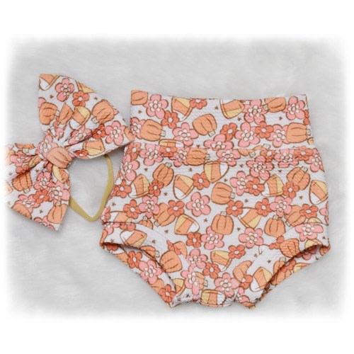High waisted Fall Baby girl Bummies, Candy Corn Pumpkin Bummies, Bummies and Hair Bow, Custom Print Bummies, Pumpkin Bummies