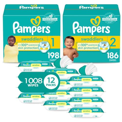 Pampers Baby Diapers and Wipes Starter Kit, Swaddlers Disposable Baby Diapers Sizes 1 (198 Count) & 2 (186 Count with Sensitive Water Based Baby Wipes 12 Flip-Top Packs (1008 Wipes Total)