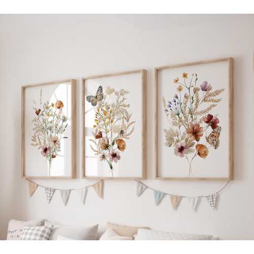 Set of 3 Wildflowers Prints, Butterfly Wall Art Set, Flowers Posters, Modern Art, Kids Bedroom Decor, Girl Nursery Decor, Playroom Prints